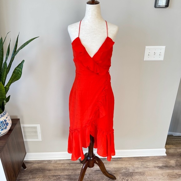 Bardot Zoe Ruffle Faux Wrap Ruffle Trim Dress - Orange - Picture 8 of 11